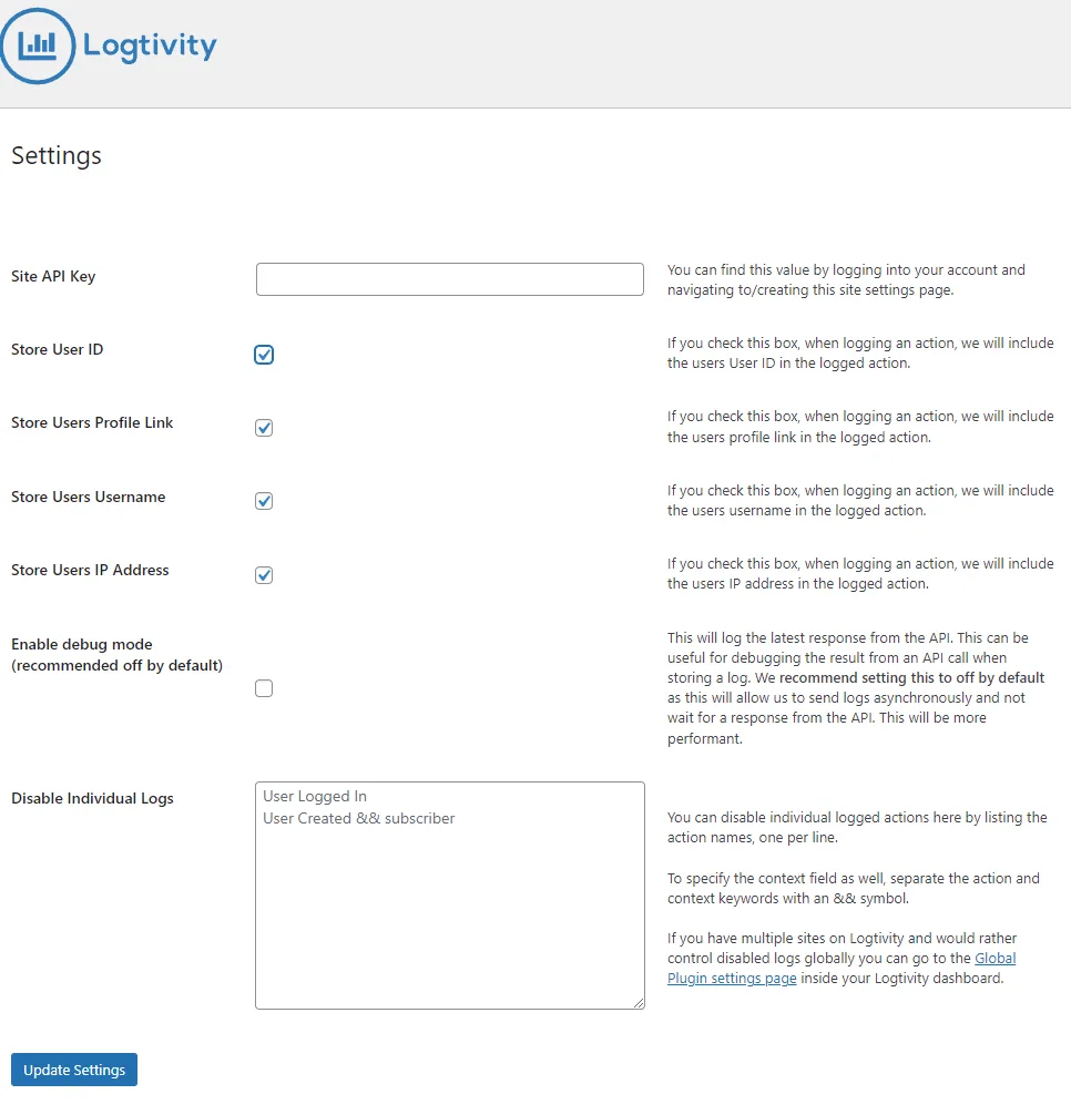Przykładowe ustawienia wtyczki Logtivity do monitorowania logów WordPress